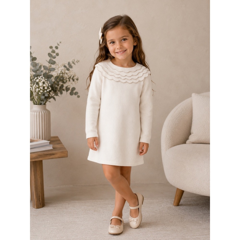 Jacadi Girls Cream Scalloped Collar Knit Sweater Dress Sz 12A Cotton/Wool Blend